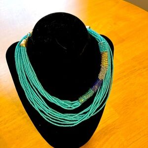 Chico's Necklace - multi-strand beaded turquoise blue and gold